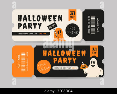 Halloween tickets set. Spooky festive ticket design with cute ghosts. Flat vector illustration for party invitation, celebration banner, flyer, or pos Stock Vector