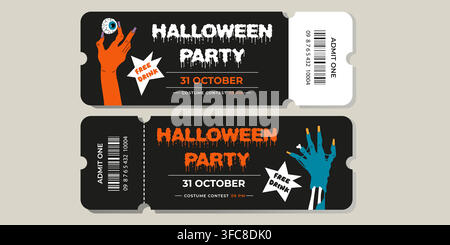 Halloween tickets set. Spooky festive ticket design with zombie hands. Flat vector illustration for party invitation, celebration banner, flyer Stock Vector