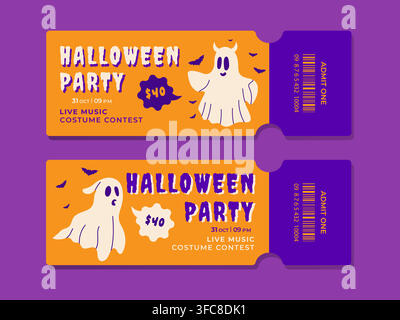 Halloween tickets set. Spooky festive ticket design with cute ghosts. Flat vector illustration for party invitation, celebration banner, flyer, or pos Stock Vector
