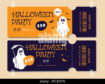 Halloween tickets set. Spooky festive ticket design with cute ghosts. Flat vector illustration for party invitation, celebration banner, flyer, or pos Stock Vector
