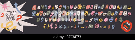 Scrapbook alphabet font set with colorful cut out paper handwritten letters, numbers and trendy collage elements on dark background for music album co Stock Vector