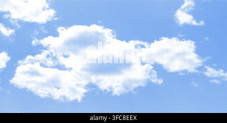Halftone cloud sky on blue backdrop with pixelated texture vector illustration background. Stock Vector