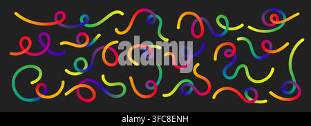 Wavy squiggle rainbow gradient color line create dynamic abstract curve vector illustration set. Stock Vector
