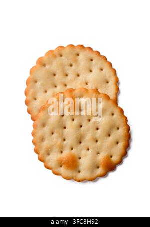 Two Round Crunchy Water Crackers Isolated on White Background Stock Photo