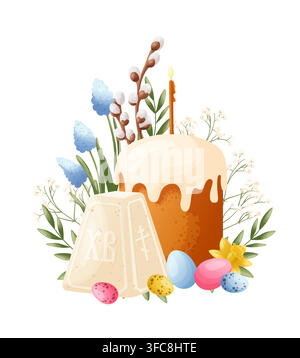 Orthodox Easter kulich cake with icing, cheese paskha with cross, burning candle, colorful painted eggs, willow, blue muscari, yellow daffodil for Stock Vector