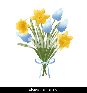 Spring bouquet of yellow daffodils, blue grape hyacinths tied with a pale ribbon, floral element for Orthodox Easter invitations, greeting cards Stock Vector