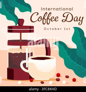 International Coffee Day Square Banner with French Press Maker Stock Vector