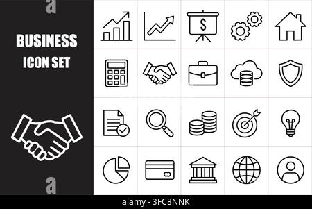 Business and finance icon set outline style with black and white color for various financial and corporate concepts. Stock Vector