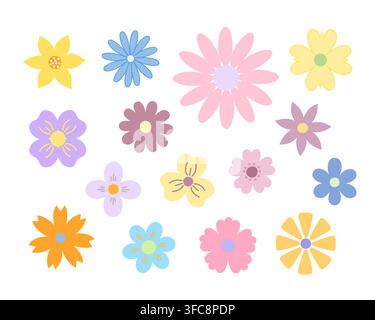 Flowers, leaves set, hand drawn flat style vector illustration, symbol of spring, cozy home, spring Easter holidays celebration decor, clipart for cards, banner, springtime decoration Stock Vector