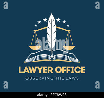 Lawyer office emblem with scales of justice and open law book. Golden white symbol features quill pen, gold scales and white stars for attorney brandi Stock Vector