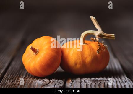 Two orange pumpkins arranged on weathered wooden table in warm light. Rustic harvest composition with squash and farmhouse autumn mood Stock Photo