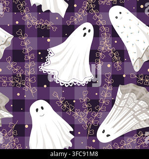 Floral hand drawn pattern with ghosts on gingham. Fall and Halloween background, vector illustration. Stock Vector