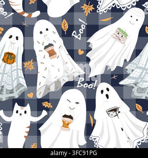Funny cute sheet ghost holding hot drinks mugs seamless party on gingham. Halloween background vector illustration. Fall season aesthetic design Stock Vector