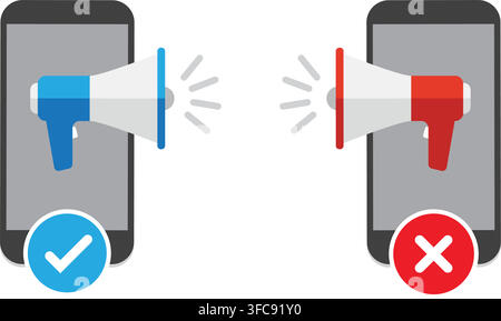 a illustration showing smart phones with megaphones displaying check mark and cross symbol for announcement message Stock Vector