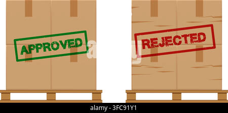 two sets of stacked cardboard boxes on wooden pallets with green approved and red rejected stamps illustration Stock Vector