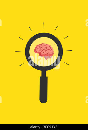 an illustration of a human brain viewed through a magnifying glass with light rays on a bright yellow background. Stock Vector