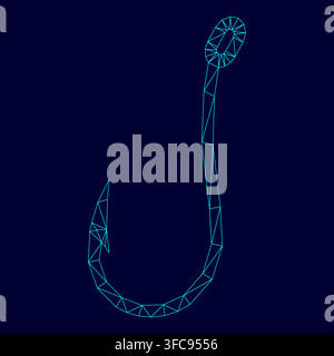 Fish hook low poly triangulation triangulated polygonal electric cyan blue vibrant aqua neon color vector illustration image outline contour line Stock Vector