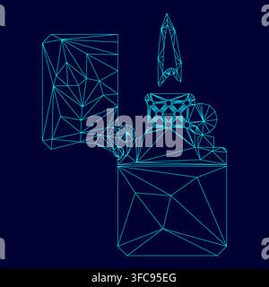 Cigarette lighter low poly triangulation triangulated polygonal electric cyan blue vibrant aqua neon color vector illustration image outline contour Stock Vector