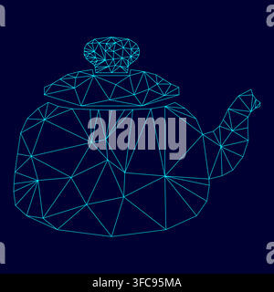 Teapot low poly triangulation triangulated polygonal electric cyan blue vibrant aqua neon color vector illustration image outline contour line style Stock Vector