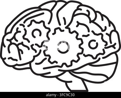 Human brain with brain convolutions shaped like cogs vector line icon. Symbol for World Creativity and Innovation Day on April 21. Stock Vector