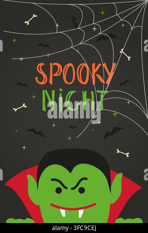 Angry, cunning, smiling vampire count in red hood with spooky night lettering, Cobweb, bats and bones around. Vector Halloween art Stock Vector
