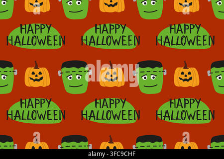 Green Frankenstein Monster And Pumpkin Lamp With Happy Halloween Lettering In Seamless Vector Pattern For Fabric, Wrap, Decor Stock Vector
