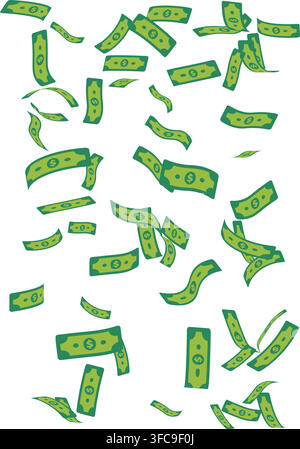 Detailed illustration of many green dollar bills raining down on a white background, symbolizing wealth and abundance. Stock Vector