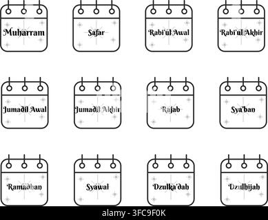 Simple line art set featuring twelve Islamic calendar months icon calendar pages from Muharram to Dzulhijjah for planner schedule and organization Stock Vector