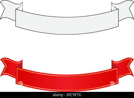 Set of classic curved ribbon banners featuring white line art and vibrant red scroll graphic designs for banners text headers or decorative badges. Stock Vector