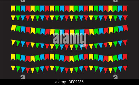 Colorful party bunting flags set on black background for festival, birthday, and celebration decorations. Stock Vector