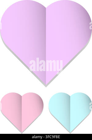 Three folded paper style hearts in pastel purple pink and blue isolated on a clean white background for romantic designs. Stock Vector