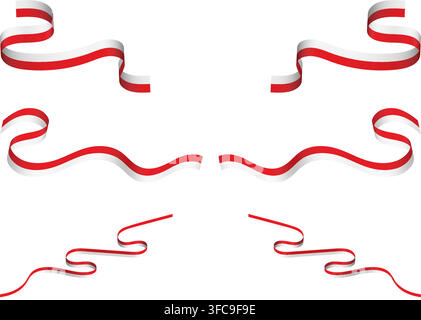 Set of wavy red and white ribbons designed for national independence day celebrations, festive decorations, corner borders, and promotional design. Stock Vector