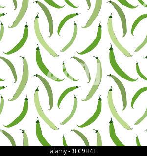 Green Peas Seamless Pattern. Fresh healthy vegetables pattern, fresh food background in hand drawn flat style. Green beans pods concept design for Stock Vector