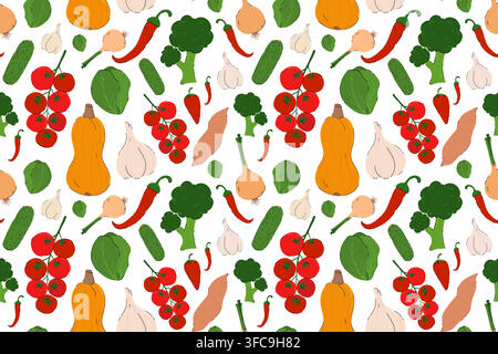 Vegetables Seamless Pattern in Hand Drawn Flat Style. Healthy food vector pattern. Farmers market veggies, cartoon harvest trendy food background for Stock Vector