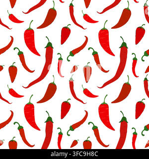 Red Chilli Peppers Seamless Pattern on White Background. Spicy food vector concept design for cooking, packaging, textiles, wrapping paper, recipe Stock Vector