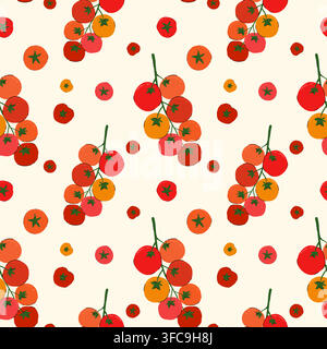 Cherry Tomatoes Vector Seamless Pattern. Fresh farmers market design with cartoon doodle tomatoes branch. Hand drawn flat healthy vegetarian tomato Stock Vector