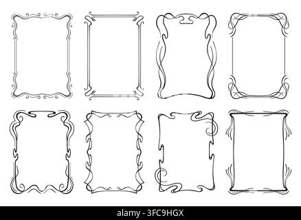 Art Nouveau frame border set. Vintage floral ornament, filigree decorative elements for certificate, wedding invitation, menu and diploma design. Victorian elegant vector illustration Stock Vector