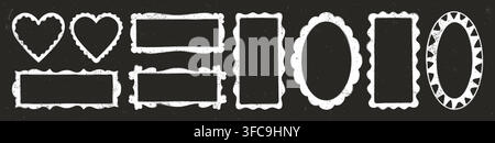 Retro crayon chalk frame blackboard set. Hand drawn groovy grunge doodle wavy white border, funky squiggle rectangle and oval in childish sketch style. Kids shapes for poster, sticker design Stock Vector