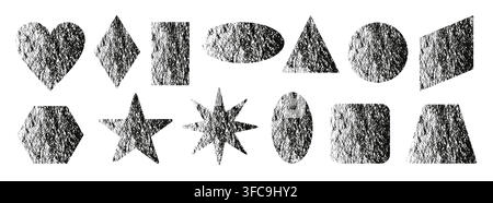 Charcoal geometric figure collection. Crayon pencil triangle, square, oval and circle with abstract gradient grainy noise texture. Rough grunge childish chalk forms for badge, tag sticker and pattern Stock Vector