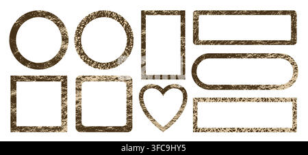 Grunge crayon circle circle square, oval and heart shape frame background set. Rough sketch texture, grainy stipple noise doodle pattern. Hand drawn childish scribble design for badge sticker text box Stock Vector