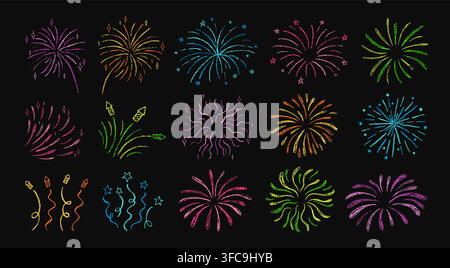 Chalk pencil firework scribble set. Hand drawn colorful starburst, sparkle, confetti and firecracker doodle in childish grunge style. Festive kids elements for carnival party and holiday vector design Stock Vector