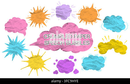 Colorful halftone crumpled paper speech bubble set. Torn wrinkled texture cutout dialog balloons with gritty dotted punk pattern. Distressed text box for social media and banner collage vector design Stock Vector