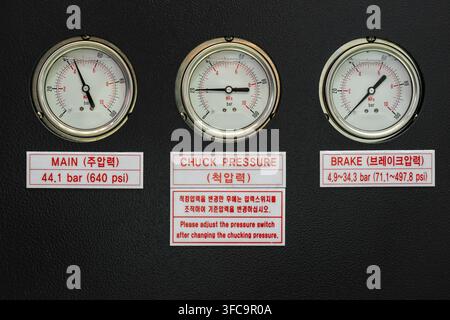 Close-up of industrial pressure gauges for main, chuck, and brake hydraulic systems on CNC lathe panel Stock Photo