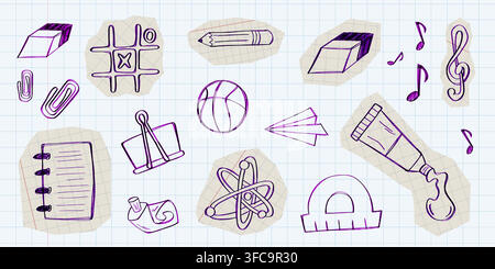 Hand drawn school doodle set isolated on notebook background. Vector realistic illustration of paper stickers with pen scribbles, paperclip, ball, music notes and pencil icons for education collage Stock Vector