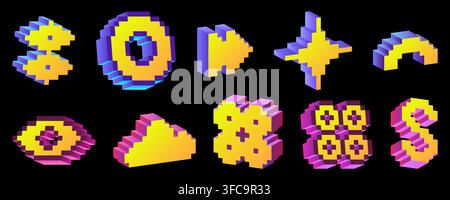 Y2K style 3D pixel signs with cube texture isolated on black background. Vector illustration of retro digital shapes, cloud, circle, star forms in vibrant rave colors, 90s vintage geometric aesthetic Stock Vector