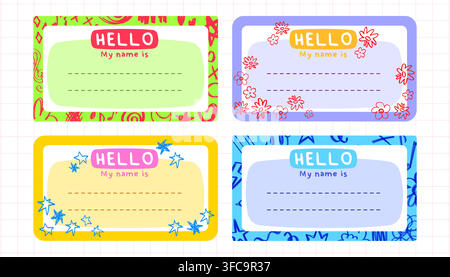 Cute school name tags with colorful doodle frames. Vector illustration of bright color sticker labels for kids' notebooks, planners and classroom supplies in cartoon style, identification note Stock Vector