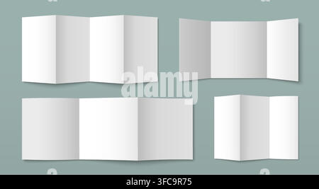 Folded leaflet template set with clean white pages. Vector realistic illustration of modern paper brochure mockup for business presentations, invitations, greeting cards, empty a5 or a4 format design Stock Vector