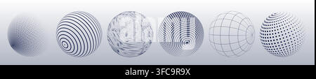 3D wireframe globe set with interconnected network lines and halftone dots. Vector illustration of abstract planet visualization for data infographic, digital tech icon, global communication symbol Stock Vector
