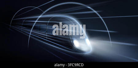 Futuristic railway transport technology, high-speed train moving fast on black background. Vector abstract illustration of sleek metro or city express with neon blue design, urban subway system Stock Vector
