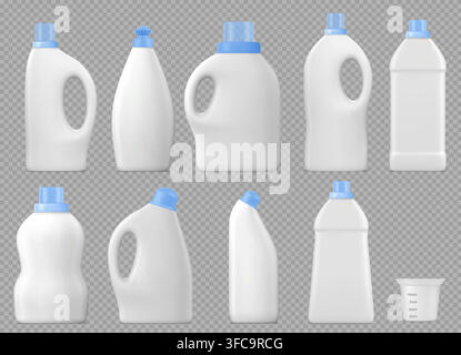 Realistic plastic detergent bottle mockups isolated on background. Vector illustration of blank 3D laundry product container, white package with blue cap for cleaning liquid, soap or softener Stock Vector